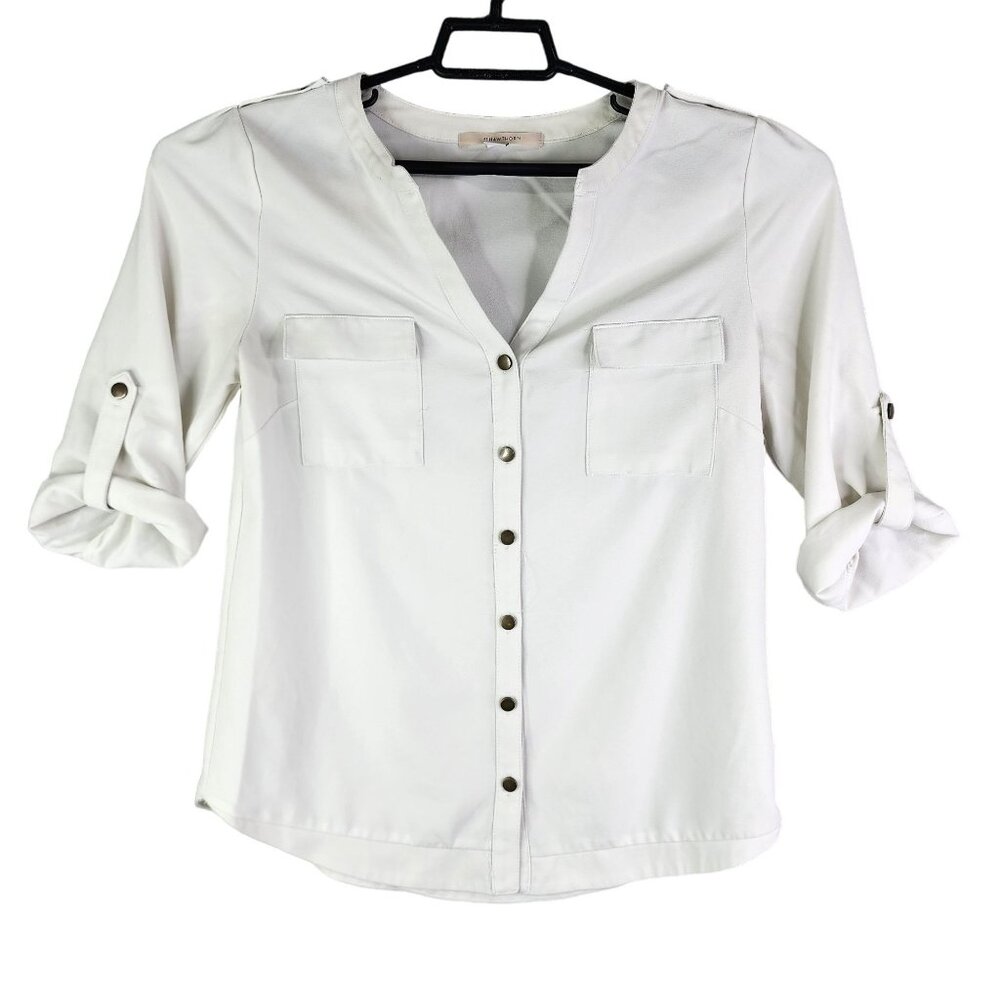 Womens White 41 Hawthorn Button-Up Blouse Polyester Roll-Up Sleeves Size S
